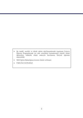    Bu modül, mesleki ve teknik eğitim okul/kurumlarında uygulanan Çerçeve
    Öğretim Programlarında yer alan yeterlikleri kazandırmaya yönelik olarak
    öğrencilere rehberlik etmek amacıyla hazırlanmış bireysel öğrenme
    materyalidir.
   Millî Eğitim Bakanlığınca ücretsiz olarak verilmiştir.
   PARA İLE SATILMAZ.




                                         2
 