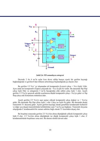Şekil 2.6: 555 zamanlayıcı entegresi

      Devrede 2 ile 6 nu’lu uçlar kısa devre edilip buraya ayarlı bir gerilim kaynağı
bağlandığında ve gerilim 0 dan itibaren arttırılmaya başlandığında şu olaylar olur:

       Bu gerilim 1/3 Vcc’ ye ulaşmadan alt komparatör (Lower) çıkışı + Vcc (lojik 1)'dir.
Aynı anda üst komparatör (Upper) çıkışında da - Vcc (Lojik 0) vardır. Bu durumda flip flop
çıkışı lojik 0'dır ve entegrenin 3 nu’lu bacağından elde edilen çıkış lojik 1 olur. Ayarlı
gerilim 1/3 Vcc'yi geçecek şekilde ayarlanırsa düşük komparatör çıkışı - Vcc'ye gider ve flip
flop çıkışı eski konumunu muhafaza eder.

       Ayarlı gerilim 2/3 Vcc'yi aşar aşmaz yüksek komparatör çıkışı değişir ve + Vcc'ye
gider. Bu durumda flip flop çıkışı lojik 1 olur. Çıkış ise lojik 0'a gider. Bu durumda deşarj
transistörü T1 doyuma gider. Ayarlı gerilim kaynağı olarak genellikle kondansatör kullanılır
ve diğer ucu deşarj transistörünün kollektörüne yani 7 nu’lu uca bağlanır. Transistör doyuma
ulaştığında C kondansatörü bir zaman sabitine bağlı olarak T1 üzerinden deşarj olur.

       Bu boşalma esnasında gerilim 2/3 Vcc'nin altına düştüğünde yüksek komparatör çıkışı
lojik 0 olur. 1/3 Vcc'nin altına düştüğünde ise düşük komparatör çıkışı lojik 1 olur, C
kondansatörünün boşalması sona erer. Bu durum sürekli devam eder.




                                             19
 