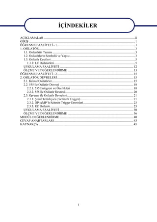 İÇİNDEKİLER

AÇIKLAMALAR ....................................................................................................................ii
GİRİŞ ....................................................................................................................................... 1
ÖĞRENME FAALİYETİ - 1 ................................................................................................... 3
1. OSİLATÖR .......................................................................................................................... 3
   1.1. Osilatörün Tanımı ......................................................................................................... 3
   1.2. Osilatörlerin Sembolü ve Yapısı ................................................................................... 3
   1.3. Osilatör Çeşitleri ........................................................................................................... 5
      1.3.1: LC Osilatörleri....................................................................................................... 5
   UYGULAMA FAALİYETİ .............................................................................................. 12
   ÖLÇME VE DEĞERLENDİRME .................................................................................... 13
ÖĞRENME FAALİYETİ - 2 ................................................................................................. 15
2. OSİLATÖR DEVRELERİ ................................................................................................. 15
   2.1. Kristal Osilatörler........................................................................................................ 15
   2.2. 555 ile Osilatör Devresi .............................................................................................. 18
      2.2.1. 555 Entegresi ve Özellikleri ................................................................................ 18
      2.2.2. 555 ile Osilatör Devresi ....................................................................................... 20
   2.3. Op-amp ile Osilatör Devreleri..................................................................................... 21
      2.3.1. Şimit Tetikleyici ( Schmith Trigger) ................................................................... 21
      2.3.2. OP-AMP 'lı Schmitt Trigger Devreleri................................................................ 23
      2.3.3. RC Osilatör .......................................................................................................... 25
   UYGULAMA FAALİYETİ .............................................................................................. 30
   ÖLÇME VE DEĞERLENDİRME .................................................................................... 36
MODÜL DEĞERLENDİRME .............................................................................................. 40
CEVAP ANAHTARLARI ..................................................................................................... 43
KAYNAKÇA ......................................................................................................................... 45




                                                                       i
 