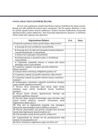 UYGULAMALI TEST (YETERLİK ÖLÇME)

      Bu test sizin uygulamaya yönelik becerilerinizi ölçmeyi hedefleyen bir ölçme aracıdır.
Burada size tablo halinde bir kontrol listesi sunulacaktır. Her bir aşamayı dikkatlice ve titiz
bir şekilde yaparak kontrol listesini doldurunuz. Kontrol listesinin doldurulması konusunda
öğretmeninizden yardım alabilirsiniz. Süre konusunda öğretmeninize danışınız ve belirlenen
süreler içinde işleri yapmaya özen gösteriniz.

                     Değerlendirme Ölçütleri                            Evet         Hayır
1.Yapılacak uygulamaya ilişkin gerekli bilgiye sahip misiniz?
   a. Kuracağı devrenin özelliklerini söyleyebilmek.
   b. Kuracağı devre ile ilgili özel elemanların katalog bilgilerini
   yanında bulundurmak ve okuyabilmek
   c. Deneyi nasıl yapacağını söyleyebilmek
   d. Kullanacağı araç ve gereçlerin adları ve özelliklerini
   söyleyebilmek.
   e. Uygulamayı yapmadaki amacını ve sonuçta elde etmeyi
   planladığı sonucu söyleyebilmek.
2. Uygulamayı yaparken uyacağınız güvenlik tedbirlerini
Biliyor musunuz?
3. Çalışma alanını temizleyip, önlüğünüzü giydiniz mi?
4. Uygulamayı yapmak için gerekli malzemeye sahip misiniz?
5. Uygulamayı yapmak için gerekli cihazları tanıyıp, seçebiliyor
musunuz?
6. Kullanacağınız elemanların sağlamlık kontrollerini tekniğine
uygun şekilde yapabiliyor musunuz?
7. Devreyi, devre şemasından takip ederek, doğru olarak,
tekniğine uygun şekilde breadboard üzerine kurabiliyor
musunuz?
8. Devreyi kurma işlemini, öğretmeninizin belirttiği süre
içerisinde yapabiliyor musunuz?
9. Devrenin doğru kurulup kurulmadığını şema üzerinden takip
ederek kontrol edebiliyor musunuz? (Elemanların bacak
bağlantılarına dikkat ediniz.)
10. Ölçü aleti ile bağlantılarda kopukluk olup olmadığını,
temassızlık olup olmadığını kontrol edebiliyor musunuz?
11. Devreyi çalıştırmadan, yani gerilim vermeden önce devrenin
kurulu halini öğretmenize kontrol ettirdiniz mi?
12. Güç kaynağını açarak devreye gerilim verdiniz mi?
13. Uygulamalarda her durumu tek tek gerçekleştirerek bilgi
konuları ile karşılaştırdınız mı?
14. Devre sonuçlarının sağlamasını yapıp, not ettiniz mi?


                                               38
 