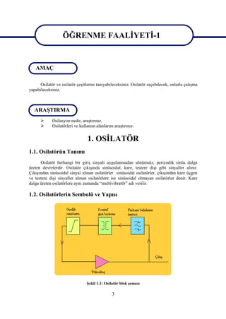 ÖĞRENME FAALİYETİ-1

                  ÖĞRENME FAALİYETİ - 1
   AMAÇ

      Osilatör ve osilatör çeşitlerini tanıyabileceksiniz. Osilatör seçebilecek, onlarla çalışma
yapabileceksiniz.



   ARAŞTIRMA
            Osilasyon nedir, araştırınız.
            Osilatörleri ve kullanım alanlarını araştırınız.


                                 1. OSİLATÖR
1.1. Osilatörün Tanımı
      Osilatör herhangi bir giriş sinyali uygulanmadan sönümsüz, periyodik sinüs dalga
üreten devrelerdir. Osilatör çıkışında sinüsoidal, kare, testere dişi gibi sinyaller alınır.
Çıkışından sinüsoidal sinyal alınan osilatörler sinüsoidal osilatörler, çıkışından kare üçgen
ve testere dişi sinyaller alınan osilatörlere ise sinüsoidal olmayan osilatörler denir. Kare
dalga üreten osilatörlere aynı zamanda “multivibratör” adı verilir.

1.2. Osilatörlerin Sembolü ve Yapısı




                                 Şekil 1.1: Osilatör blok şeması

                                                3
 