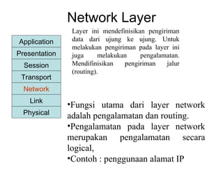 Application
Transport
Network
Link
Physical
Presentation
Session
Network Layer
Layer ini mendefinisikan pengiriman
data dari ujung ke ujung. Untuk
melakukan pengiriman pada layer ini
juga melakukan pengalamatan.
Mendifinisikan pengiriman jalur
(routing).
•Fungsi utama dari layer network
adalah pengalamatan dan routing.
•Pengalamatan pada layer network
merupakan pengalamatan secara
logical,
•Contoh : penggunaan alamat IP
 