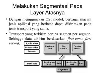 Melakukan Segmentasi Pada
Layer Atasnya
• Dengan menggunakan OSI model, berbagai macam
jenis aplikasi yang berbeda dapat dikirimkan pada
jenis transport yang sama.
• Transport yang terkirim berupa segmen per segmen.
Sehingga data dikirim berdasarkan first-come first
served.
 