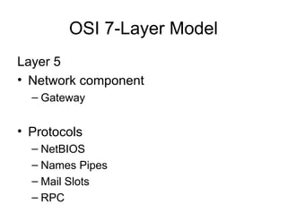 OSI 7-Layer Model
Layer 5
• Network component
– Gateway
• Protocols
– NetBIOS
– Names Pipes
– Mail Slots
– RPC
 