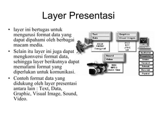 Layer Presentasi
• layer ini bertugas untuk
mengurusi format data yang
dapat dipahami oleh berbagai
macam media.
• Selain itu layer ini juga dapat
mengkonversi format data,
sehingga layer berikutnya dapat
memafami format yang
diperlukan untuk komunikasi.
• Contoh format data yang
didukung oleh layer presentasi
antara lain : Text, Data,
Graphic, Visual Image, Sound,
Video.
 