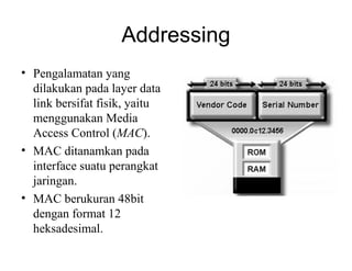 Addressing
• Pengalamatan yang
dilakukan pada layer data
link bersifat fisik, yaitu
menggunakan Media
Access Control (MAC).
• MAC ditanamkan pada
interface suatu perangkat
jaringan.
• MAC berukuran 48bit
dengan format 12
heksadesimal.
 