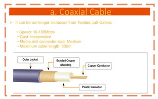 a. Coaxial Cable
 It can be run longer distances than Twisted pair Cables.
• Speed: 10-100Mbps
• Cost: Inexpensive
• Media and connector size: Medium
• Maximum cable length: 500m
 