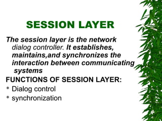 SESSION LAYER
The session layer is the network
dialog controller. It establishes,
maintains,and synchronizes the
interaction between communicating
systems
FUNCTIONS OF SESSION LAYER:
 Dialog control
 synchronization
 