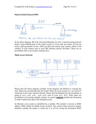 Compiled by A.K.Asokan. asokanak@hotmail.com                     Page No. 4 of 11



Point-to-Point Protocol (PPP)




In the above diagram, Mr.A.K. will reach Himalaya for sure. A point-to-point protocol
doesn’t need identification of the target system as it has only one target. (If you are
using a dial-up internet service, when you dial and connect your system, where it will
connect? It will connect only to your ISP (Internet Service Provider). There are no
possibilities that it can connect someone else).

Multi Access Network




Please refer the above diagram carefully. In the diagram, the Ethernet is carrying the
data. Where do you think the data will reach? There are seven systems viz. sys1 till sys7
connected in the same collision domain. Notice that the Ethernet has the possibility of
going to sys1, sys2, sys3, sys4, sys5, sys6 or even sys7. Yes?. Since there are
possibilities of accessing multiple systems, we need to uniquely identify the destination
in order to deliver the data to the intended system.

In Ethernet, every system is identified by a number. This number is known as MAC
address. MAC stands for Media Access Control. Any system when received a packet,
identifies whether the packet is meant for it or not by seeing the destination MAC
 
