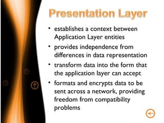 • establishes a context between
  Application Layer entities
• provides independence from
  differences in data representation
• transform data into the form that
  the application layer can accept
• formats and encrypts data to be
  sent across a network, providing
  freedom from compatibility
  problems
 