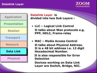 Datalink Layer

Application
Application
Presentation
Presentation
Session
Session
Transport
Transport
Network
Network
Data Link
Data Link
Data Link
Data Link
Physical
Physical

Datalink Layer is
divided into two Sub Layers :
• LLC – Logical Link Control
It talks about Wan protocols e.g.
PPP, HDLC, Frame-relay
• MAC – Media Access Control
It talks about Physical Address.
It is a 48 bit address i.e. 12 digit
Hexadecimal Number.
It is also responsible for Error
Detection
Devices working on Data Link
Layer are Switch, Bridge, NIC.

28

 