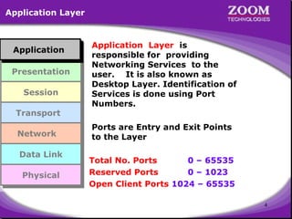 Application Layer

Application
Application
Application
Application
Presentation
Presentation
Session
Session
Transport
Transport
Network
Network
Data Link
Data Link
Physical
Physical

Application Layer is
responsible for providing
Networking Services to the
user. It is also known as
Desktop Layer. Identification of
Services is done using Port
Numbers.
Ports are Entry and Exit Points
to the Layer
Total No. Ports
0 – 65535
Reserved Ports
0 – 1023
Open Client Ports 1024 – 65535
4

 