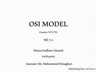 OSIMODEL
Course:VP-CTL
NE7-2
MousakadhemAlsaeed
202624003
Assessor:Mr.MohammedElmaghari
SubmittingDate:26/10/2017
 