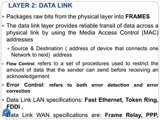 LAYER 2: DATA LINK
12
 Packages raw bits from the physical layer into FRAMES
 The data link layer provides reliable transit of data across a
physical link by using the Media Access Control (MAC)
addresses
 Source & Destination ( address of device that connects one
Network to next) address
 Flow Control: refers to a set of procedures used to restrict the
amount of data that the sender can send before receiving an
acknowledgement
 Error Control: refers to both error detection and error
correction
 Data Link LAN specifications: Fast Ethernet, Token Ring,
FDDI .
 Data Link WAN specifications are: Frame Relay, PPP,
 