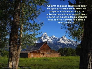 Ao lavar os pratos desfruta do calor da água que acaricia tuas mãos. Ao preparar a ceia sinta o amor do universo que te trouxe esse alimento e, como um presente teu ao preparar essa comida, derrama nela todo o amor de teu ser. http://www.tom-phillips.info/images/cool.pics.35/image.3515.jpg 
