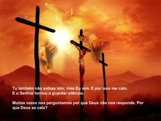 Tu também não sabias isto; mas Eu sim. E por isso me calo.
E o Senhor tornou a guardar silêncio.

Muitas vezes nos perguntamos por que Deus não nos responde. Por
que Deus se cala?
 