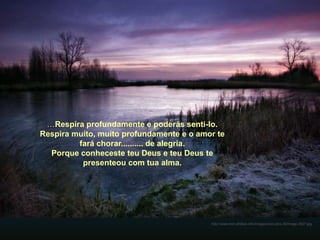 …Respira profundamente e poderás senti-lo.
Respira muito, muito profundamente e o amor te
         fará chorar.......... de alegria.
  Porque conheceste teu Deus e teu Deus te
          presenteou com tua alma.




                                          http://www.tom-phillips.info/images/cool.pics.35/image.3507.jpg
 