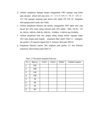 d. Lakukan pengukuran tegangan dengan menggunakan CRO tegangan yang keluar
   pada sekunder sebuah trafo step down : 0 – 6 V, 0~7,5V; 0 ~ 9V; 0 ~ 12V; 0 ~
   15V, bila tegangan terpasang pada primer trafo adalah 220 Volt AC. Berapakan
   nilai tegangan peak to peak, dan Vmaks.
e. Lakukan pengukuran frekuensi dan periode, menggunakan CRO signal sinus yang
   berasal dari AFG, kalau setting frekuensi pada AFG adalah : 50Hz, 100 Hz, 150
   Hz, 500 Hz, 1000 Hz, 2000 Hz, 5000 Hz, 10.000Hz, 15.000 Hz dan 20.000Hz.
f. Lakukan pengukuran beda fasa, dengan setting sebagai berikut: tegangan output
   AFG sama dengan pada langkah . pengaturan Rpot seperti Tabel 2.3, sedangkan
   dari gambar 1.10, kapasitor diganti 0,02ì F, frekuensi AFG pada 1000 Hz.
g. Pengukuran frekuensi respons. Dari rangkaian pada gambar 2.4, ukur frekuensi
   responsnya. Isikan hasilnya pada Tabel 2.4




          Tabel 2.3 Percobaan mengukur beda fase
           No.     Rpot (¿)     Vo(V)        Vin(V)   Äö(hit)      Gambar Lissajous
          1.         24K
          2.         20K
          3.         16K
          4.         10K
          5.         7K
          6.         4K
          7.         1K
          8.         0K
 