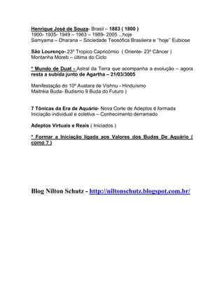 Henrique José de Souza- Brasil – 1883 ( 1800 )
1900- 1935- 1949 – 1963 – 1989- 2005 ...hoje
Samyama – Dharana – Sociedade Teosófica Brasileira e ‘’hoje’’ Eubiose

São Lourenço- 23º Tropico Capricórnio ( Oriente- 23º Câncer )
Montanha Moreb – última do Ciclo

* Mundo de Duat - Astral da Terra que acompanha a evolução – agora
resta a subida junto de Agartha – 21/03/3005

Manifestação do 10º Avatara de Vishnu - Hinduísmo
Maitréia Buda- Budismo 9 Buda do Futuro )


7 Tônicas da Era de Aquário- Nova Corte de Adeptos é formada
Iniciação individual e coletiva – Conhecimento derramado

Adeptos Virtuais e Reais ( Iniciados )

* Formar a Iniciação ligada aos Valores dos Budas De Aquário (
como ? )




Blog Nilton Schutz - http://niltonschutz.blogspot.com.br/
 