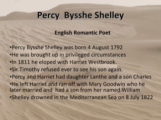 Percy  Bysshe Shelley English Romantic Poet Percy Bysshe Shelley was born 4 August 1792 He was brought up in privileged circumstances In 1811 he eloped with Harriet Westbrook. Sir Timothy refused ever to see his son again. Percy and Harriet had daughter Lanthe and a son Charles He left Harriet and ran off with Mary Goodwin who he later married and  had a son from her named William Shelley drowned in the Mediterranean Sea on 8 July 1822 