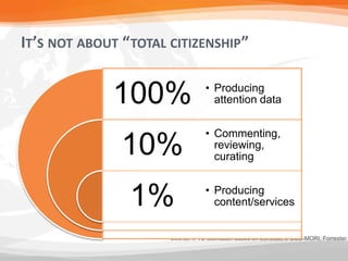 IT’S NOT ABOUT “ TOTAL CITIZENSHIP”


              100%                • Producing
                                    attention data


                                  • Commenting,
               10%                  reviewing,
                                    curating



                1%                • Producing
                                    content/services


                      Source: IPTS estimation based on Eurostat, IPSOS-MORI, Forrester
 