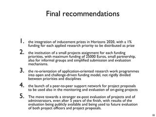 Final recommendations


1.   the integration of inducement prizes in Horizons 2020, with a 1%
     funding for each applied research priority to be distributed as prize
2.   the institution of a small projects assignment for each funding
     priorities, with maximum funding of 25000 Euros, small partnership,
     also for informal groups and simplified submission and evaluation
     mechanisms.
3.   the re-orientation of application-oriented research work programmes
     into open and challenge-driven funding model, not rigidly divided
     between priorities and disciplines
4.   the launch of a peer-to-peer support network for project proposals
     to be used also in the monitoring and evaluation of on-going projects
5.   The move towards a stronger ex-post evaluation of projects and of
     administrators, even after 5 years of the finish, with results of the
     evaluation being publicly available and being used to future evaluation
     of both project officers and project proposals.
                                                                               18
 