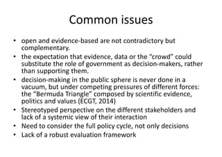 Common issues
• open and evidence-based are not contradictory but
complementary.
• the expectation that evidence, data or the “crowd” could
substitute the role of government as decision-makers, rather
than supporting them.
• decision-making in the public sphere is never done in a
vacuum, but under competing pressures of different forces:
the “Bermuda Triangle” composed by scientific evidence,
politics and values (ECGT, 2014)
• Stereotyped perspective on the different stakeholders and
lack of a systemic view of their interaction
• Need to consider the full policy cycle, not only decisions
• Lack of a robust evaluation framework
 
