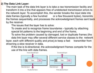 2) The Data Link Layer:
    The main task of the data link layer is to take a raw transmission facility and
    transform it into a line that appears free of undetected transmission errors to
    the network layer. To accomplish this, the sender breaks the input data into
    data frames (typically a few hundred         or a few thousand bytes), transmits
    the frames sequentially, and processes the acknowledgment frames sent back
    by the receiver.
         The issues that the layer has to solve:
         To create and to recognize frame boundaries - typically by attaching
         special bit patterns to the beginning and end of the frame,
         To solve the problem caused by damaged, lost or duplicate frames (the
         data link layer may offer several different service classes to the network
    layer, each with different quality and price),to keep a fast transmitter from
    drowning a slow receiver in data,
         If the line is bi-directional, the acknowledgment frames compete for the
         use of the line with data frames.
 