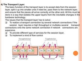 4) The Transport Layer:
    The basic function of the transport layer is to accept data from the session
    layer, split it up into smaller units if need be, pass them to the network layer,
    and ensure that the pieces all arrive correctly at the other end. All this must be
    done in a way that isolates the upper layers from the inevitable changes in the
    hardware technology.
    The issues that the transport layer has to solve:
     To realize a transport connection by several network connections if the
         session layer requires a high throughput or multiplex several transport
    connections onto the same network connection if network connections are
    expensive,
     To provide different type of services for the session layer,
     To implement a kind of flow control
 