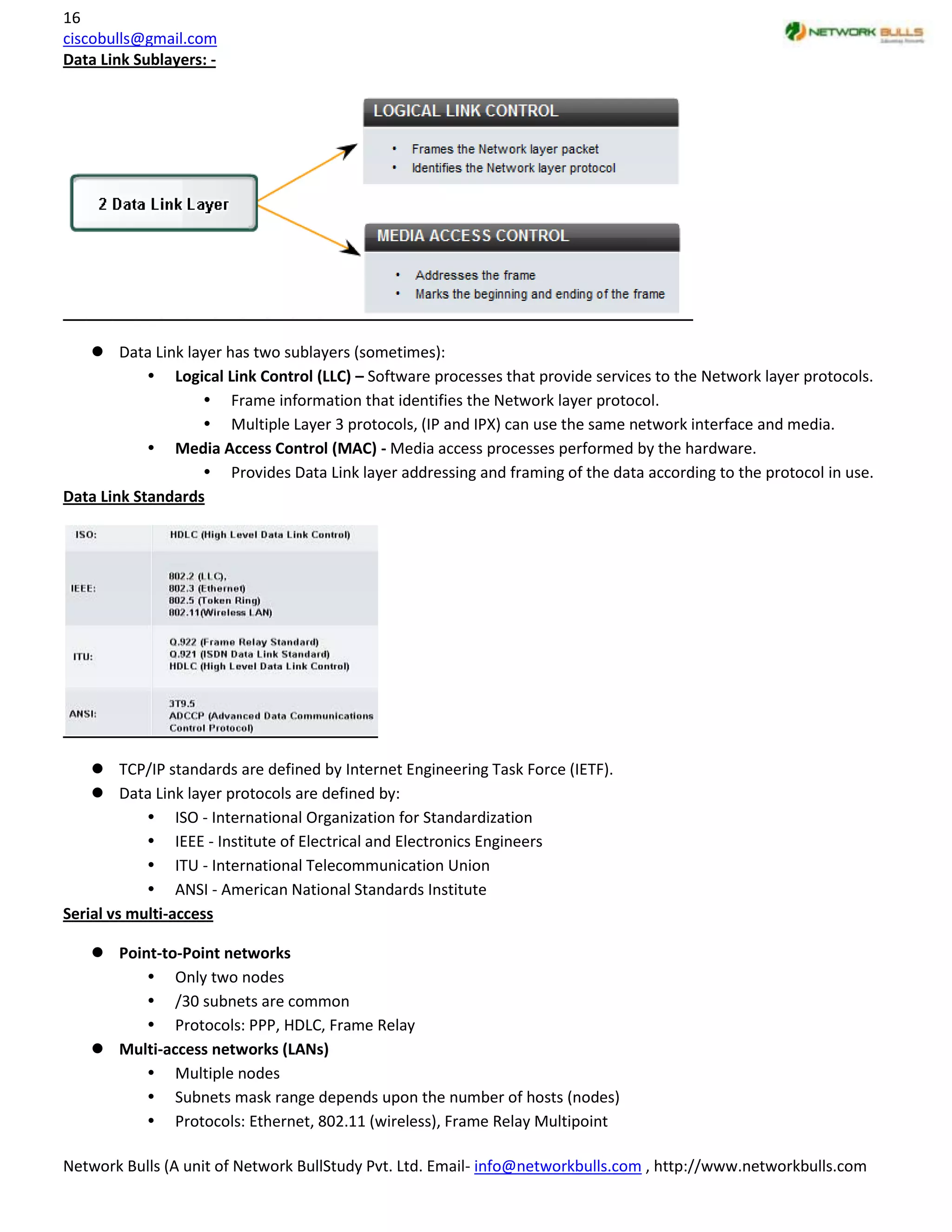 16
ciscobulls@gmail.com
Data Link Sublayers: -




    Data Link layer has two sublayers (sometimes):
             Logical Link Control (LLC) – Software processes that provide services to the Network layer protocols.
                    Frame information that identifies the Network layer protocol.
                    Multiple Layer 3 protocols, (IP and IPX) can use the same network interface and media.
             Media Access Control (MAC) - Media access processes performed by the hardware.
                    Provides Data Link layer addressing and framing of the data according to the protocol in use.
Data Link Standards




     TCP/IP standards are defined by Internet Engineering Task Force (IETF).
     Data Link layer protocols are defined by:
             ISO - International Organization for Standardization
             IEEE - Institute of Electrical and Electronics Engineers
             ITU - International Telecommunication Union
             ANSI - American National Standards Institute
Serial vs multi-access

    Point-to-Point networks
          Only two nodes
          /30 subnets are common
          Protocols: PPP, HDLC, Frame Relay
    Multi-access networks (LANs)
          Multiple nodes
          Subnets mask range depends upon the number of hosts (nodes)
          Protocols: Ethernet, 802.11 (wireless), Frame Relay Multipoint

Network Bulls (A unit of Network BullStudy Pvt. Ltd. Email- info@networkbulls.com , http://www.networkbulls.com
 