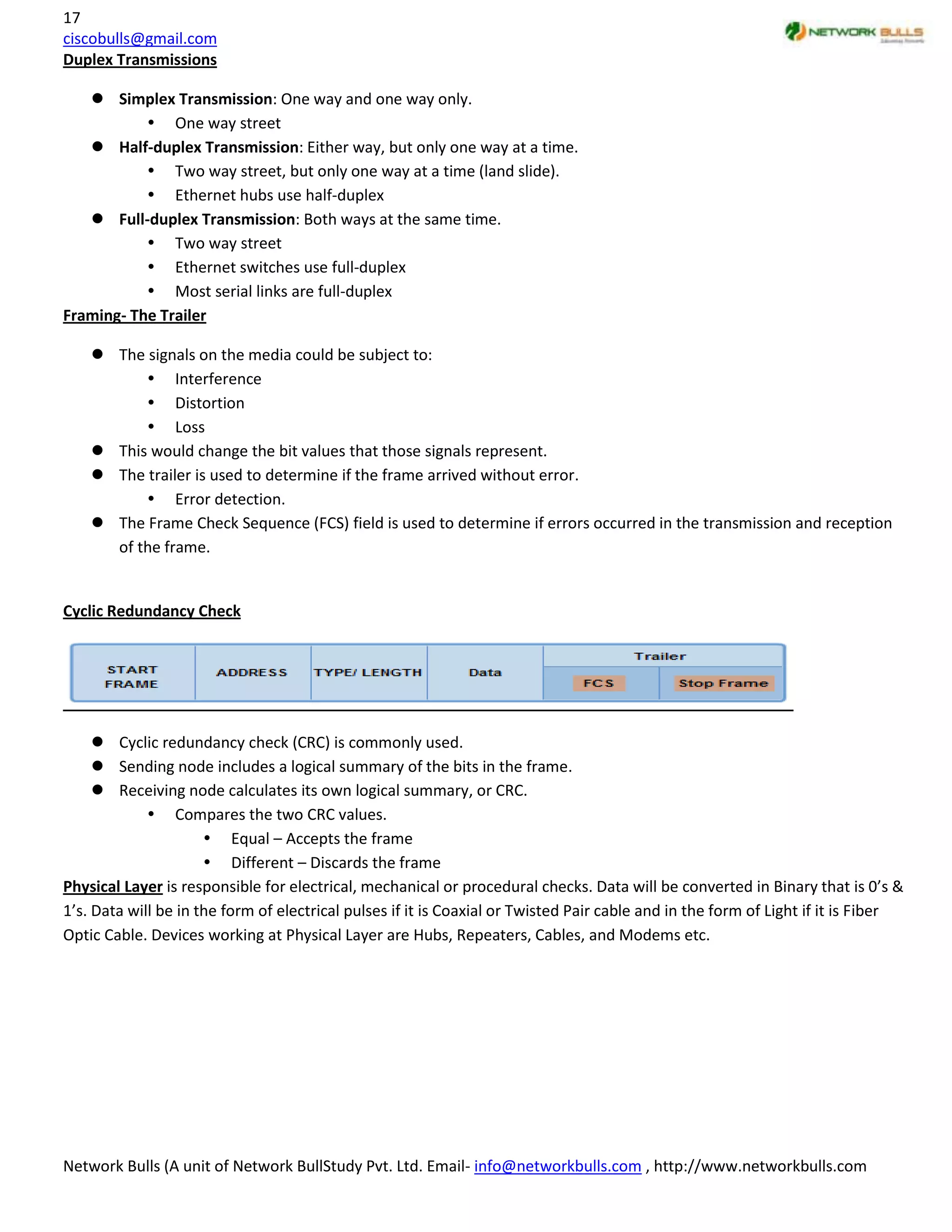17
ciscobulls@gmail.com
Duplex Transmissions

    Simplex Transmission: One way and one way only.
            One way street
    Half-duplex Transmission: Either way, but only one way at a time.
            Two way street, but only one way at a time (land slide).
            Ethernet hubs use half-duplex
    Full-duplex Transmission: Both ways at the same time.
            Two way street
            Ethernet switches use full-duplex
            Most serial links are full-duplex
Framing- The Trailer

     The signals on the media could be subject to:
           Interference
           Distortion
           Loss
     This would change the bit values that those signals represent.
     The trailer is used to determine if the frame arrived without error.
           Error detection.
     The Frame Check Sequence (FCS) field is used to determine if errors occurred in the transmission and reception
      of the frame.


Cyclic Redundancy Check




      Cyclic redundancy check (CRC) is commonly used.
      Sending node includes a logical summary of the bits in the frame.
      Receiving node calculates its own logical summary, or CRC.
              Compares the two CRC values.
                       Equal – Accepts the frame
                       Different – Discards the frame
Physical Layer is responsible for electrical, mechanical or procedural checks. Data will be converted in Binary that is 0’s &
1’s. Data will be in the form of electrical pulses if it is Coaxial or Twisted Pair cable and in the form of Light if it is Fiber
Optic Cable. Devices working at Physical Layer are Hubs, Repeaters, Cables, and Modems etc.




Network Bulls (A unit of Network BullStudy Pvt. Ltd. Email- info@networkbulls.com , http://www.networkbulls.com
 