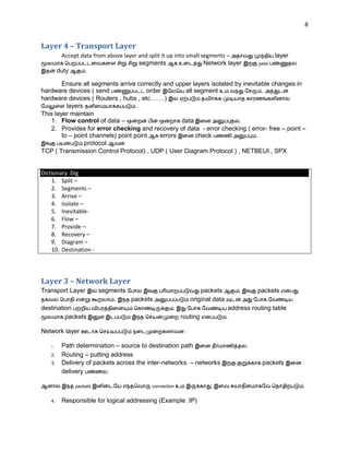8


Layer 4 – Transport Layer
          Accept data from above layer and split it up into small segments –                          layer
                                       segments                    Network layer               pass
         duty      .

        Ensure all segments arrive correctly and upper layers isolated by inevitable changes in
hardware devices ( send                order        all segment                  .
hardware devices ( Routers , hubs , etc…….)
          layers                    .
This layer maintain
   1. Flow control of data –                       data                 .
   2. Provides for error checking and recovery of data - error checking ( error- free – point –
        to – point channels) point point    errors      check                  .
                 protocol
TCP ( Transmission Control Protocol) , UDP ( User Diagram Protocol ) , NETBEUI , SPX


Dictionary Dig
    1. Split –
    2. Segments –
    3. Arrive –
    4. Isolate –
    5. Inevitable-
    6. Flow –
    7. Provide –
    8. Recovery –
    9. Diagram –
    10. Destination -




Layer 3 – Network Layer
Transport Layer           segments                                 packets             .       packets
                              .    packets                     original data
destination                                           .                            address routing table
         packets                                          routing              .


Network layer                                              :


    1.    Path determination – source to destination path                                  .
    2.    Routing – putting address
    3.    Delivery of packets across the inter-networks. – networks                             packets
          delivery         .

                packets                      connection               ,                                       .


    4.    Responsible for logical addressing (Example :IP)
 