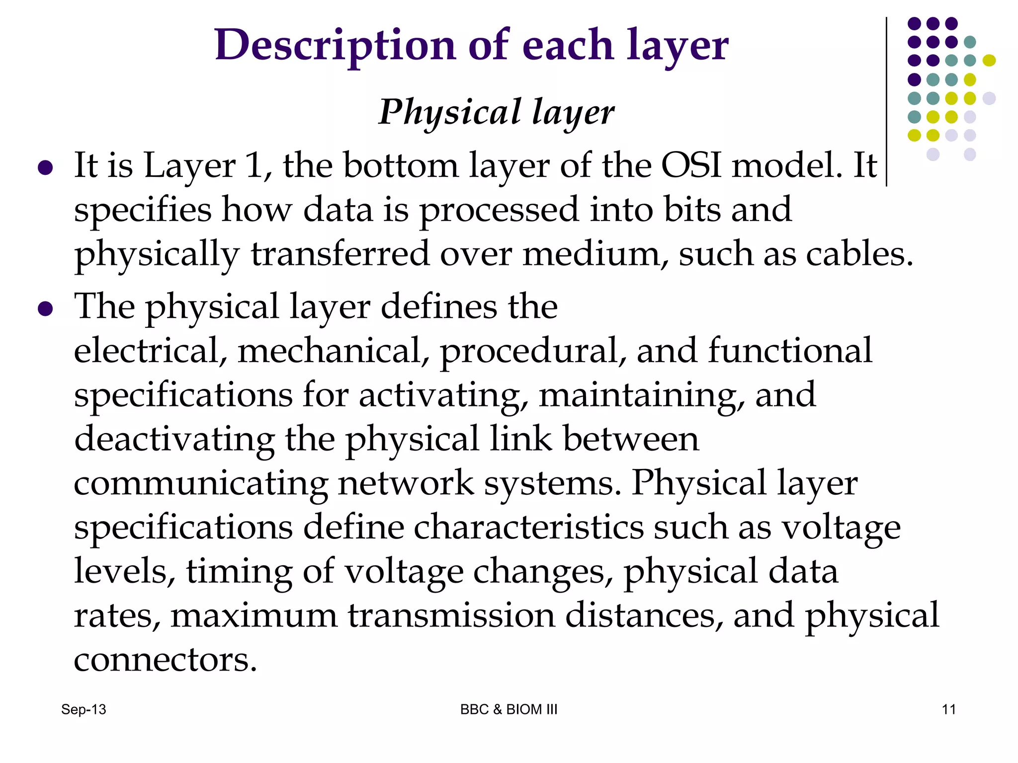 Description of each layer
Physical layer
 It is Layer 1, the bottom layer of the OSI model. It
specifies how data is processed into bits and
physically transferred over medium, such as cables.
 The physical layer defines the
electrical, mechanical, procedural, and functional
specifications for activating, maintaining, and
deactivating the physical link between
communicating network systems. Physical layer
specifications define characteristics such as voltage
levels, timing of voltage changes, physical data
rates, maximum transmission distances, and physical
connectors.
11Sep-13 BBC & BIOM III
 
