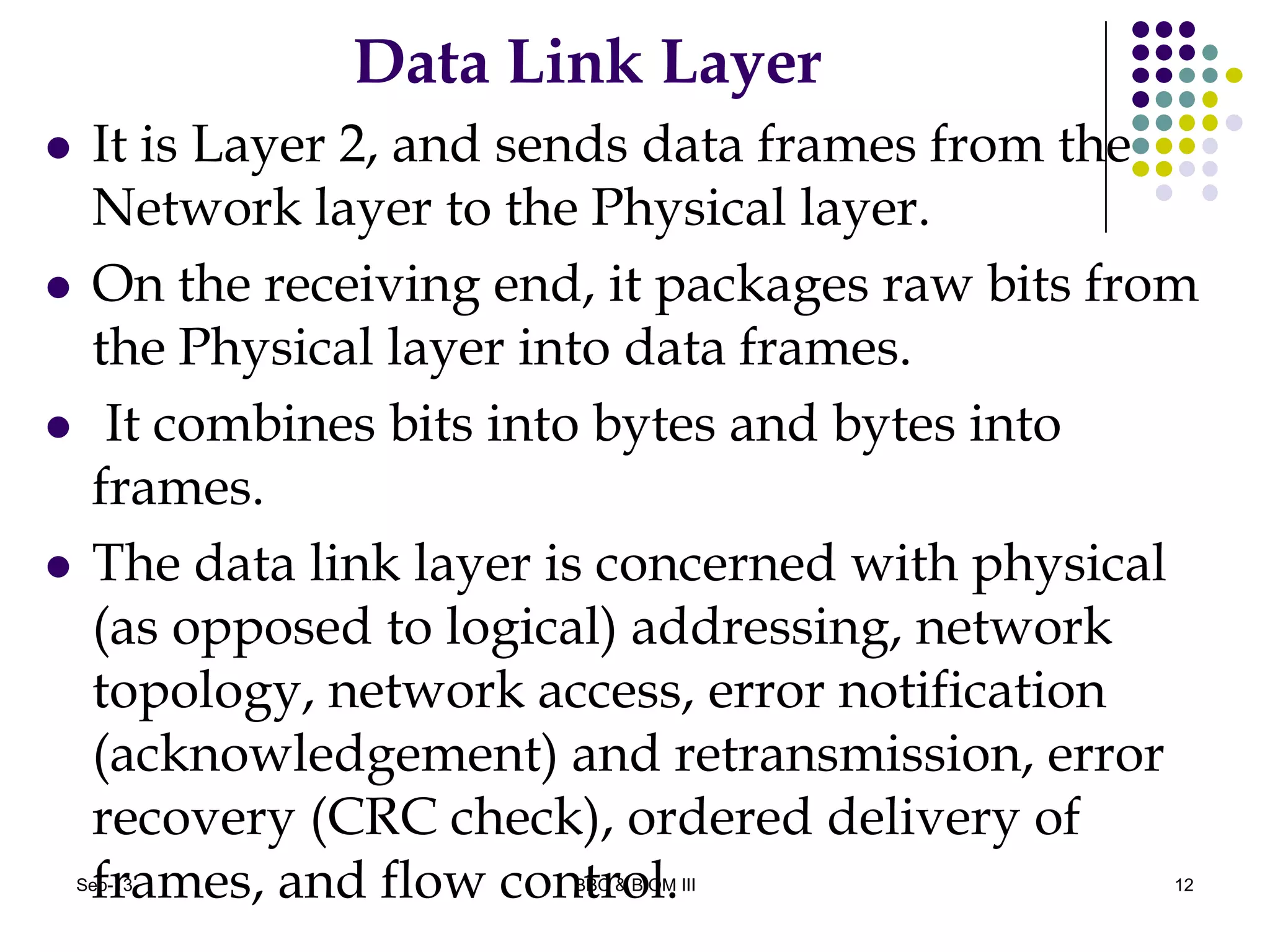 Data Link Layer
 It is Layer 2, and sends data frames from the
Network layer to the Physical layer.
 On the receiving end, it packages raw bits from
the Physical layer into data frames.
 It combines bits into bytes and bytes into
frames.
 The data link layer is concerned with physical
(as opposed to logical) addressing, network
topology, network access, error notification
(acknowledgement) and retransmission, error
recovery (CRC check), ordered delivery of
frames, and flow control. 12Sep-13 BBC & BIOM III
 
