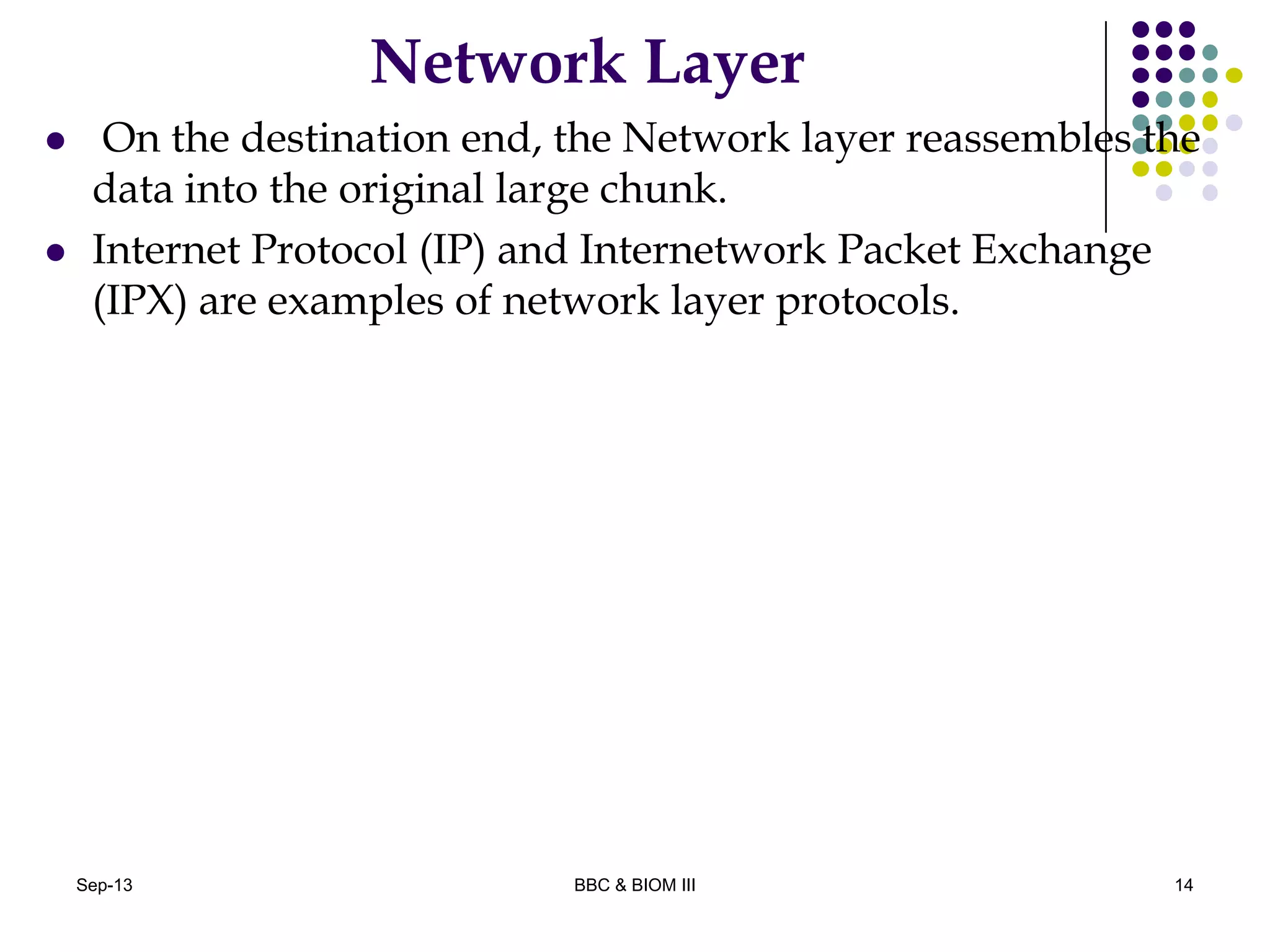 Network Layer
 On the destination end, the Network layer reassembles the
data into the original large chunk.
 Internet Protocol (IP) and Internetwork Packet Exchange
(IPX) are examples of network layer protocols.
14Sep-13 BBC & BIOM III
 