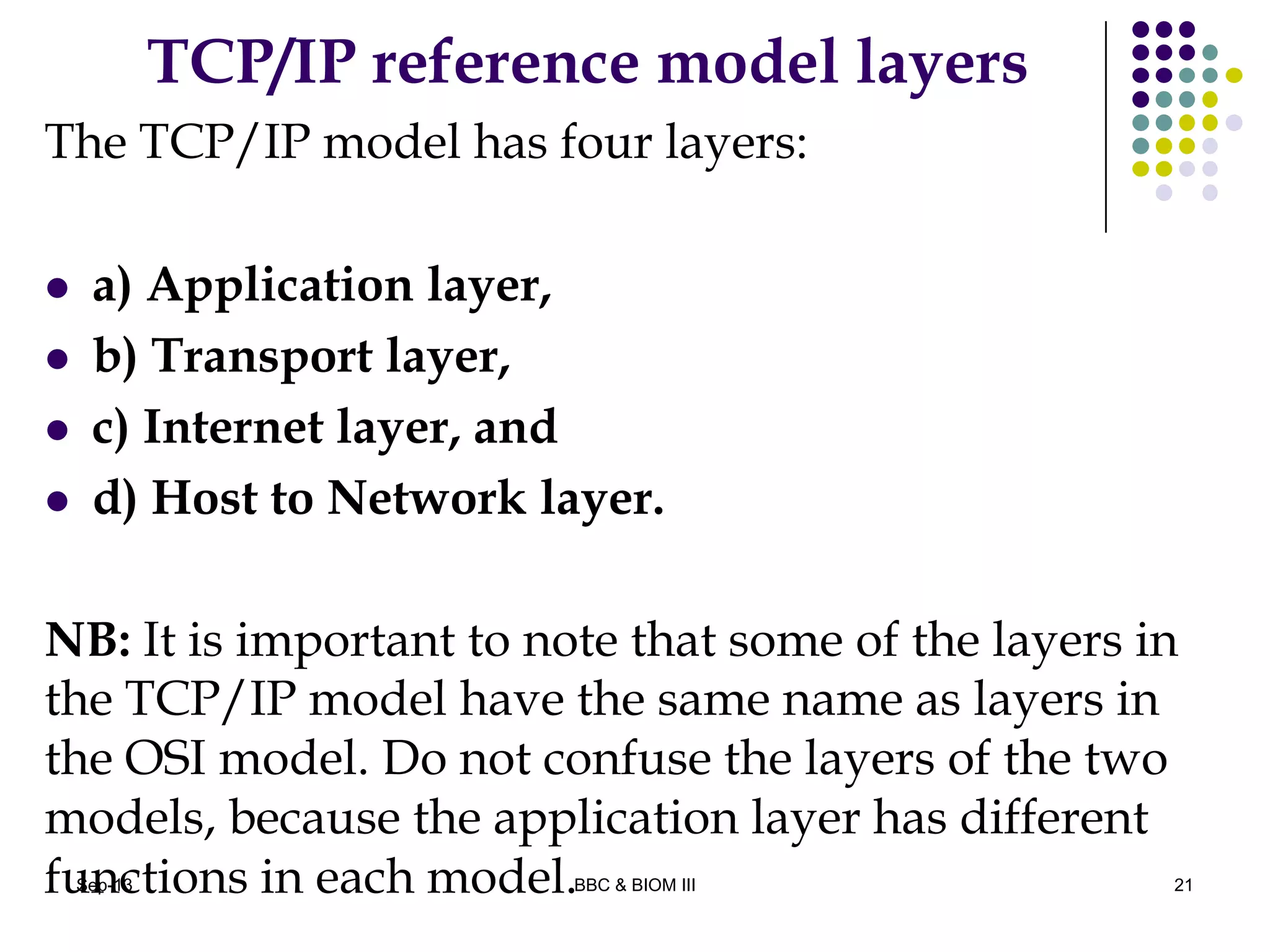 TCP/IP reference model layers
The TCP/IP model has four layers:
 a) Application layer,
 b) Transport layer,
 c) Internet layer, and
 d) Host to Network layer.
NB: It is important to note that some of the layers in
the TCP/IP model have the same name as layers in
the OSI model. Do not confuse the layers of the two
models, because the application layer has different
functions in each model. 21Sep-13 BBC & BIOM III
 