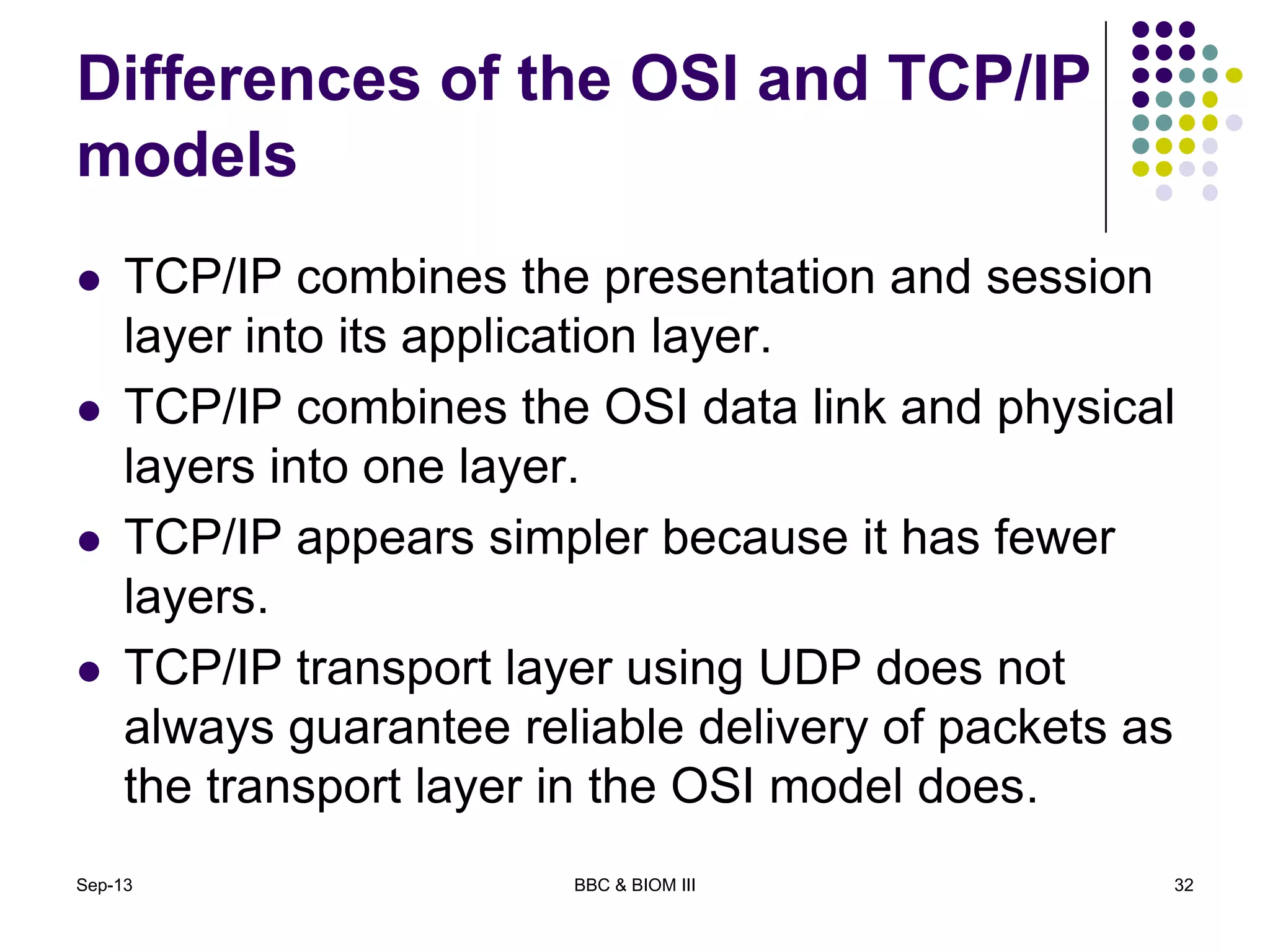 Differences of the OSI and TCP/IP
models
 TCP/IP combines the presentation and session
layer into its application layer.
 TCP/IP combines the OSI data link and physical
layers into one layer.
 TCP/IP appears simpler because it has fewer
layers.
 TCP/IP transport layer using UDP does not
always guarantee reliable delivery of packets as
the transport layer in the OSI model does.
Sep-13 BBC & BIOM III 32
 