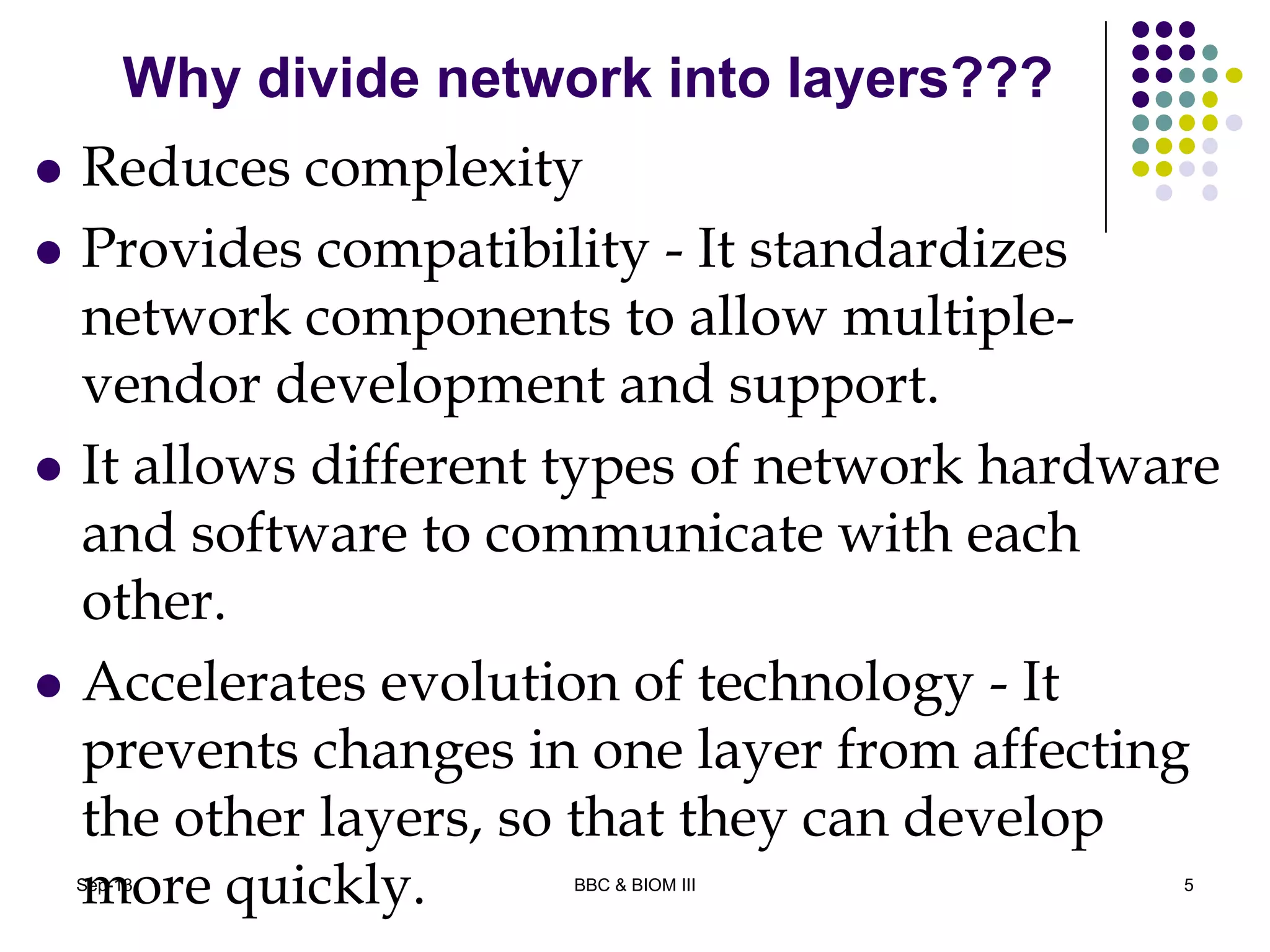 Why divide network into layers???
 Reduces complexity
 Provides compatibility - It standardizes
network components to allow multiple-
vendor development and support.
 It allows different types of network hardware
and software to communicate with each
other.
 Accelerates evolution of technology - It
prevents changes in one layer from affecting
the other layers, so that they can develop
more quickly. 5Sep-13 BBC & BIOM III
 