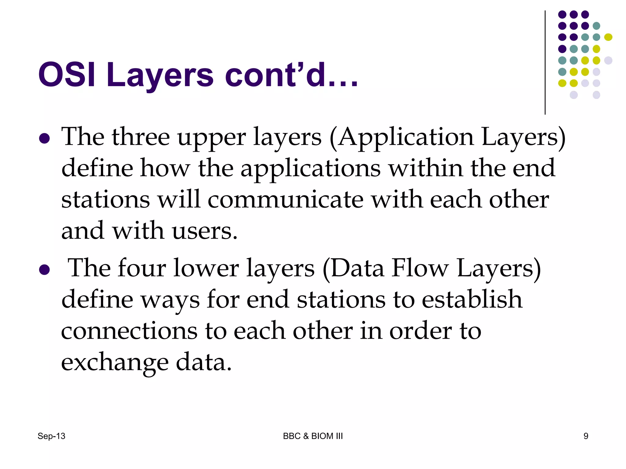 OSI Layers cont’d…
 The three upper layers (Application Layers)
define how the applications within the end
stations will communicate with each other
and with users.
 The four lower layers (Data Flow Layers)
define ways for end stations to establish
connections to each other in order to
exchange data.
9Sep-13 BBC & BIOM III
 