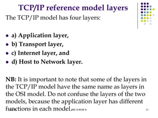 TCP/IP reference model layers
The TCP/IP model has four layers:
 a) Application layer,
 b) Transport layer,
 c) Internet layer, and
 d) Host to Network layer.
NB: It is important to note that some of the layers in
the TCP/IP model have the same name as layers in
the OSI model. Do not confuse the layers of the two
models, because the application layer has different
functions in each model. 21Sep-13 BBC & BIOM III
 