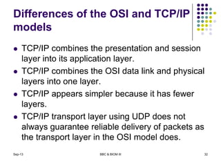Differences of the OSI and TCP/IP
models
 TCP/IP combines the presentation and session
layer into its application layer.
 TCP/IP combines the OSI data link and physical
layers into one layer.
 TCP/IP appears simpler because it has fewer
layers.
 TCP/IP transport layer using UDP does not
always guarantee reliable delivery of packets as
the transport layer in the OSI model does.
Sep-13 BBC & BIOM III 32
 