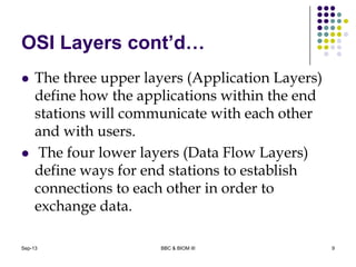 OSI Layers cont’d…
 The three upper layers (Application Layers)
define how the applications within the end
stations will communicate with each other
and with users.
 The four lower layers (Data Flow Layers)
define ways for end stations to establish
connections to each other in order to
exchange data.
9Sep-13 BBC & BIOM III
 