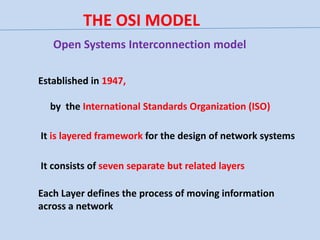 THE OSI MODEL
Open Systems Interconnection model
Established in 1947,
by the International Standards Organization (ISO)
It is layered framework for the design of network systems
It consists of seven separate but related layers
Each Layer defines the process of moving information
across a network

 