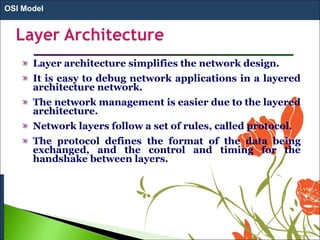 Layer architecture simplifies the network design.
It is easy to debug network applications in a layered
architecture network.
The network management is easier due to the layered
architecture.
Network layers follow a set of rules, called protocol.
The protocol defines the format of the data being
exchanged, and the control and timing for the
handshake between layers.
OSI Model
 
