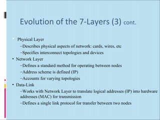 Evolution of the 7-Layers (3) cont. 
• Physical Layer 
–Describes physical aspects of network: cards, wires, etc 
–Specifies interconnect topologies and devices 
• Network Layer 
–Defines a standard method for operating between nodes 
–Address scheme is defined (IP) 
–Accounts for varying topologies 
• Data-Link 
–Works with Network Layer to translate logical addresses (IP) into hardware 
addresses (MAC) for transmission 
–Defines a single link protocol for transfer between two nodes 
 