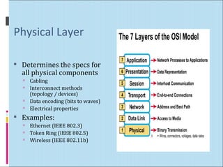Physical Layer 
 Determines the specs for 
all physical components 
 Cabling 
 Interconnect methods 
(topology / devices) 
 Data encoding (bits to waves) 
 Electrical properties 
 Examples: 
 Ethernet (IEEE 802.3) 
 Token Ring (IEEE 802.5) 
 Wireless (IEEE 802.11b) 
3 
 