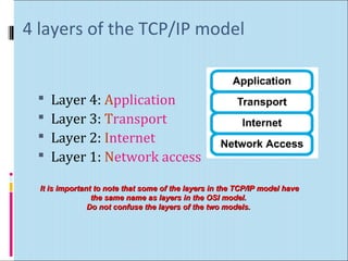 4 layers of the TCP/IP model 
 Layer 4: Application 
 Layer 3: Transport 
 Layer 2: Internet 
 Layer 1: Network access 
It is important to note that some of the layers in tthhee TTCCPP//IIPP mmooddeell hhaavvee 
tthhee ssaammee nnaammee aass llaayyeerrss iinn tthhee OOSSII mmooddeell.. 
DDoo nnoott ccoonnffuussee tthhee llaayyeerrss ooff tthhee ttwwoo mmooddeellss.. 
 