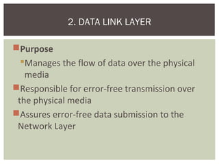 Purpose
Manages the flow of data over the physical
media
Responsible for error-free transmission over
the physical media
Assures error-free data submission to the
Network Layer
2. DATA LINK LAYER
 