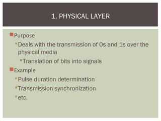 Purpose
Deals with the transmission of 0s and 1s over the
physical media
Translation of bits into signals
Example
Pulse duration determination
Transmission synchronization
etc.
1. PHYSICAL LAYER
 