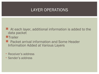  At each layer, additional information is added to the
data packet
Trailer
 Packet arrival information and Some Header
Information Added at Various Layers
• Receiver’s address
• Sender’s address
LAYER OPERATIONS
 